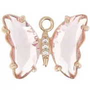 15x20mm Glass Butterfly Pendant with Zircon - Gold - Pink - Crystal x1