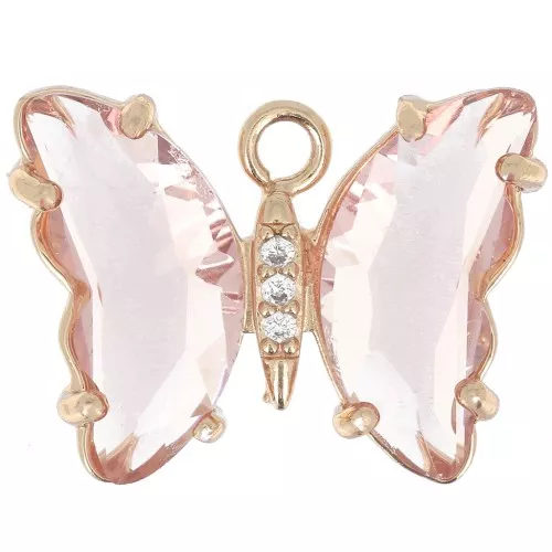 15x20mm Glass Butterfly Pendant with Zircon - Gold - Pink - Crystal x1
