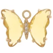 15x20mm Glass Butterfly Pendant with Zircon - Gold - Yellow - Crystal x1