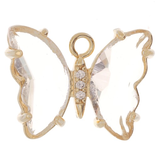 15x20mm Glass Butterfly Pendant with Zircon - Gold - Transparent - Crystal x1