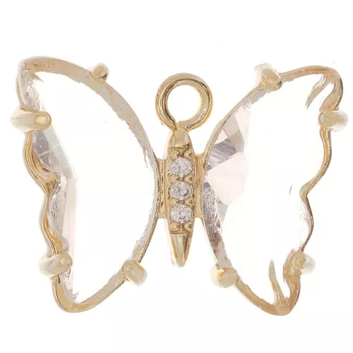 15x20mm Glass Butterfly Pendant with Zircon - Gold - Transparent - Crystal x1