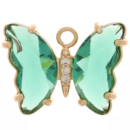 15x20mm Glass Butterfly Pendant with Zircon - Gold - Green - Crystal x1