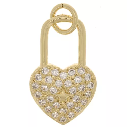 18x11mm Heart Padlock Pendant with Zircon - Gold - Crystal x1