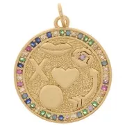 19mm Round pendant with zirconium oxide - multi symbols - Gold - Multicoloured x1