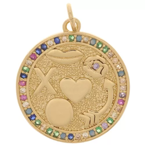 19mm Round pendant with zirconium oxide - multi symbols - Gold - Multicoloured x1