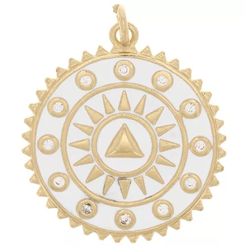 20mm Round ethnic pendant with zirconium oxide and epoxy resin - Gold - White x1