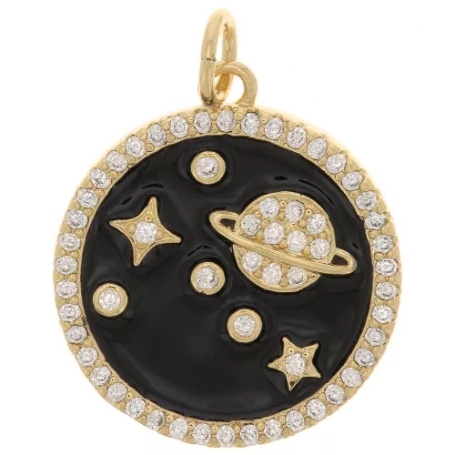 18mm Round pendant with zirconium oxide and epoxy resin - Planet - Gold - Black x1