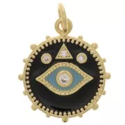 18x16mm Round mystic eye pendant with zirconium oxide & epoxy resin - Gold - Black x1