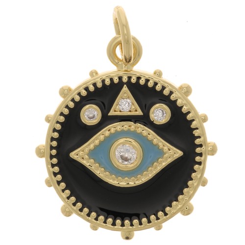 18x16mm Round mystic eye pendant with zirconium oxide & epoxy resin - Gold - Black x1