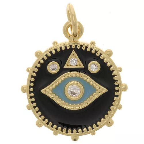 18x16mm Round mystic eye pendant with zirconium oxide & epoxy resin - Gold - Black x1