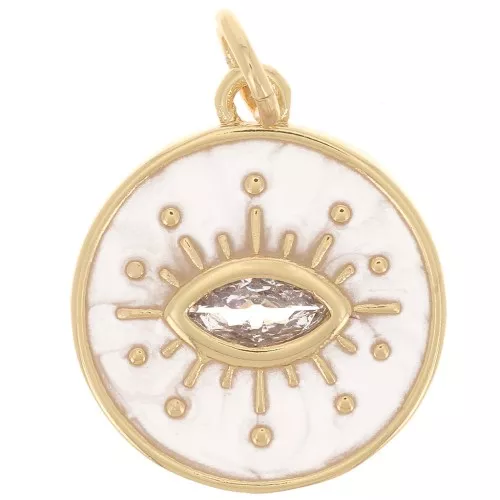 15mm Round eye pendant with zirconium oxide & epoxy resin - Gold - White pearl x1