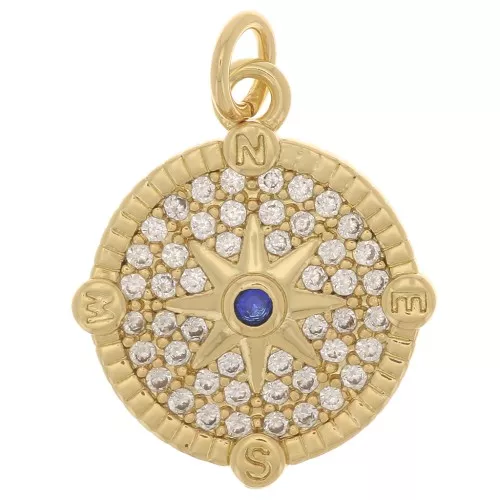 13mm Round Compass Rose Pendant with Zircon - Gold - Crystal x1