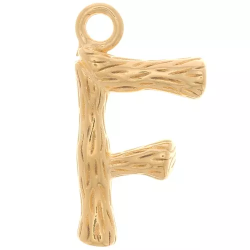 16x9mm Alphabet letter pendant bamboo effect - F - Fine Gold plated x1