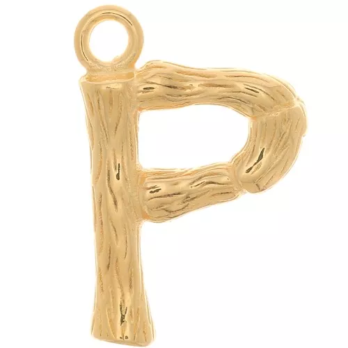 16x10mm Alphabet letter pendant bamboo effect - P - Fine Gold plated x1