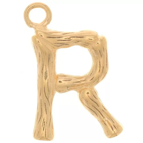 16x10mm Alphabet letter pendant bamboo effect - R - Fine Gold plated x1