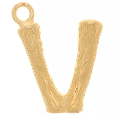 15x12mm Alphabet letter pendant bamboo effect - V - Fine Gold plated x1