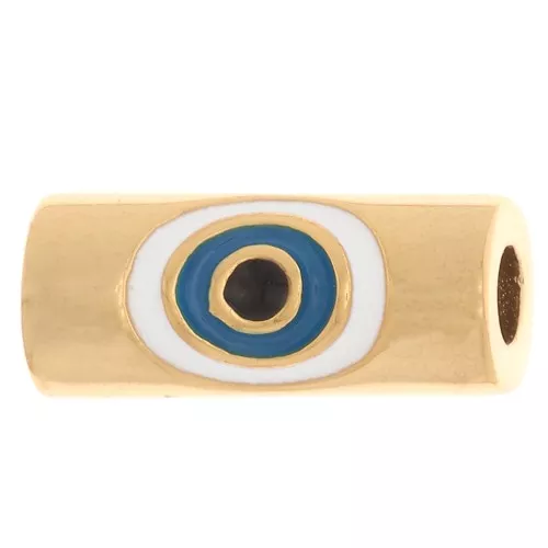 11x4.5mm Eye shape tube bead in epoxy resin - Fine Gold plated - White - Blue x1