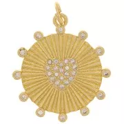 20mm Round pendant with heart pattern and zirconium oxide - Gold Tone - Crystal x1