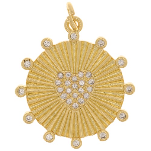 20mm Round pendant with heart pattern and zirconium oxide - Gold Tone - Crystal x1