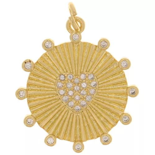 20mm Round pendant with heart pattern and zirconium oxide - Gold Tone - Crystal x1