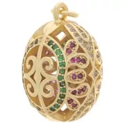 25x17mm Egg pendant filigree with zirconium oxide - Gold Tone - Multicoloured x1