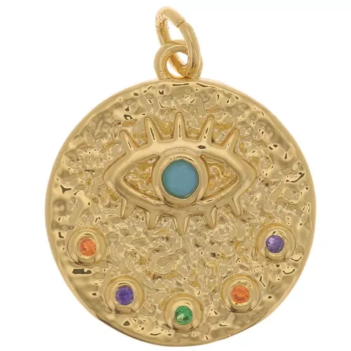 15mm Round hammered pendant - eye with zirconium oxide - Gold - Multicoloured x1