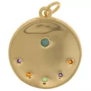 15mm Round hammered pendant - eye with zirconium oxide - Gold - Multicoloured x1
