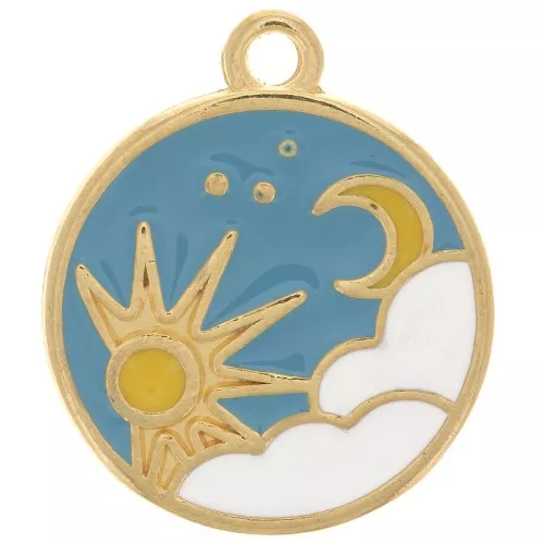 18mm Round sun & moon pendant with epoxy resin - Gold plated x1