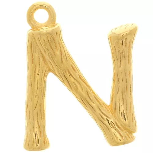 15x11mm Alphabet letter pendant bamboo effect - N - Fine Gold plated x1