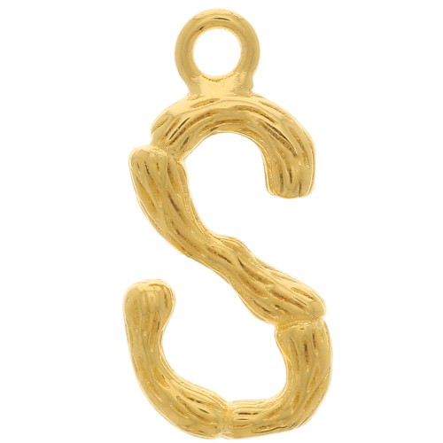 16x8mm Alphabet letter pendant bamboo effect - S - Fine Gold plated x1