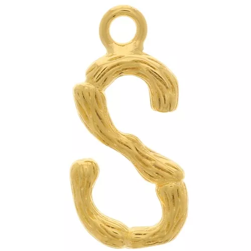 16x8mm Alphabet letter pendant bamboo effect - S - Fine Gold plated x1