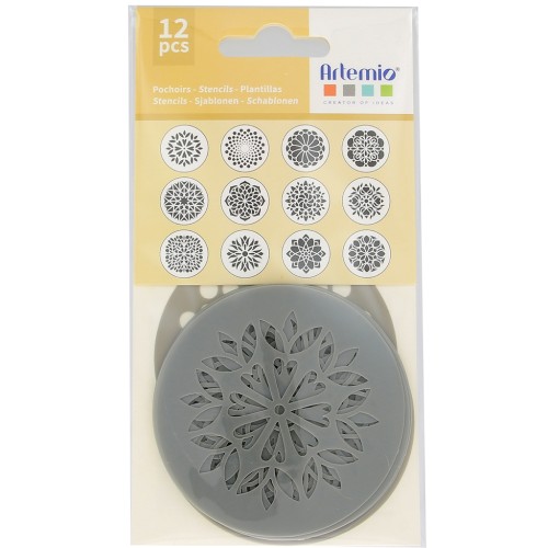 Set of 12 round plastic stencils - mandala pattern 7 cm - Grey x1