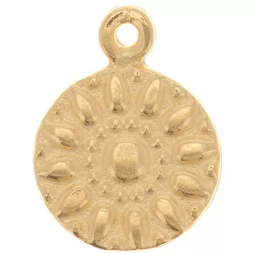 11 mm Round charm - Flower motif - Fine gold plated x1