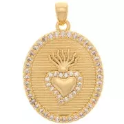 23x18mm Oval pendant with zirconium oxide - Ex-voto heart - Gold Tone - Crystal x1
