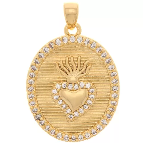 23x18mm Oval pendant with zirconium oxide - Ex-voto heart - Gold Tone - Crystal x1