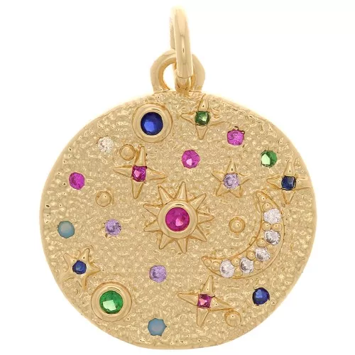 16mm Round pendant with zirconium oxide - moon & star - Gold Tone - Multicoloured x1