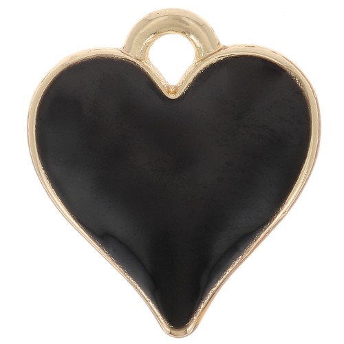 13x12mm Heart charm with epoxy resin - Gold Tone - Black x1