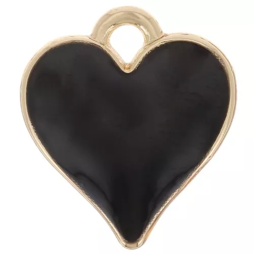 13x12mm Heart charm with epoxy resin - Gold Tone - Black x1
