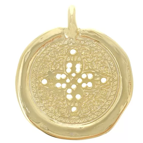 30mm irregular medal Pendant - cross pattern - Fine Gold Plated x1
