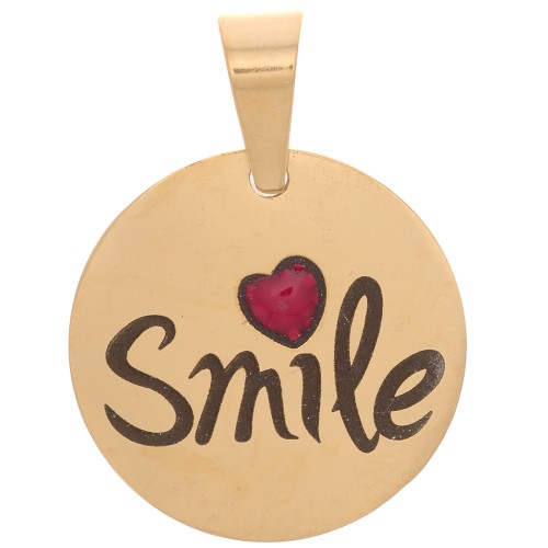 15 mm 304 stainless steel medal Pendant - Smile with a resin heart - Gold Tonex1