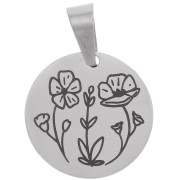 15 mm 304 stainless steel Round medal pendant - Flowers pattern x1