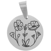 15 mm 304 stainless steel Round medal pendant - Flowers pattern x1