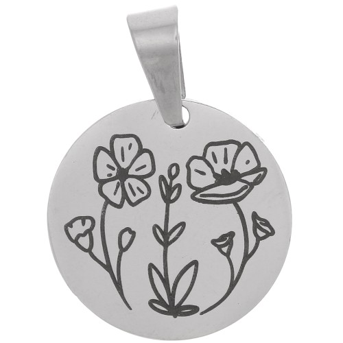 15 mm 304 stainless steel Round medal pendant - Flowers pattern x1
