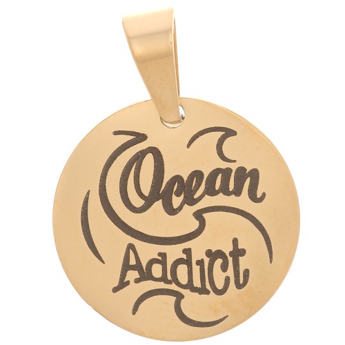 15 mm 304 stainless steel Round pendant - Ocean Addict - Gold Tone x1