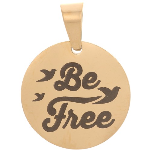 15mm 304 stainless steel Round pendant - Be Free & Birds - Gold Tone x1