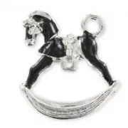 Enameled pendant rocking horse 30mm Black/Silver x1