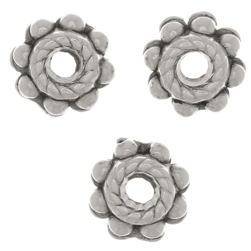 6mm Worked rondelles - Flower shape - Antique silver plating x6