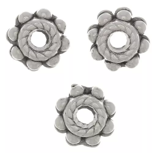 6mm Worked rondelles - Flower shape - Antique silver plating x6