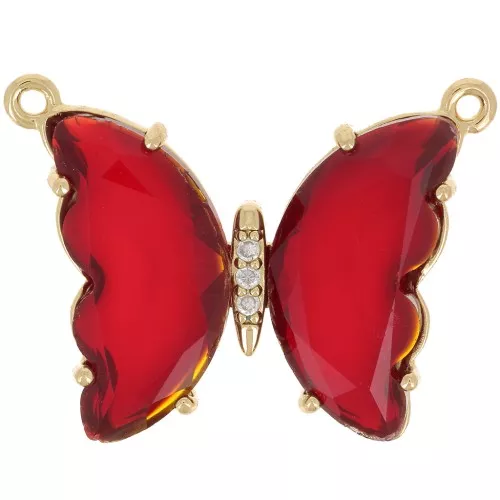 22x29mm Glass butterfly connector with zirconium oxide - Gold Tone - Red x1