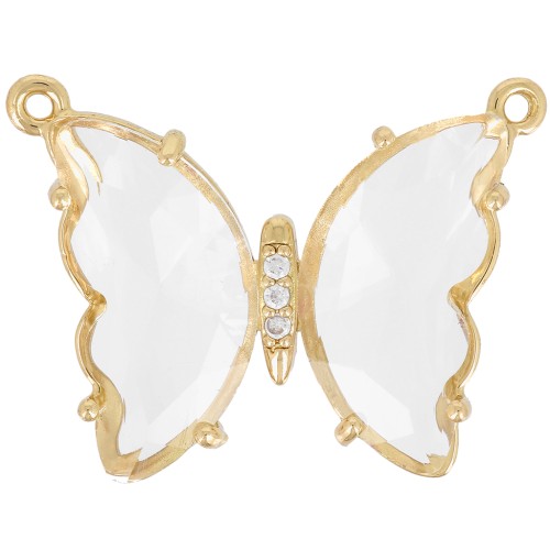 22x29mm Glass butterfly connector with zirconium oxide - Gold Tone - Transparent x1